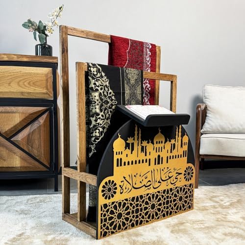 Elegant Wooden Quran Holder & Prayer Mat Holder – Islamic Home Décor, Prayer Rug Organizer, Ramadan & Eid Gift, Decorative Wooden Islamic Accessories, Quran Display Holder for Mosque & Home Gold-Black - Image 6