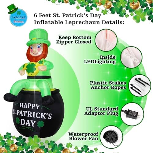 6 FT St. Patrick's Day Inflatable Leprechaun, Blow up Leprechaun Sits on Cornucopia Outdoor Decoration with LED Lights, for Yard Garden Lawn Front Door Holiday Decor (6FT Leprechaun on Cornucopia) - Image 2