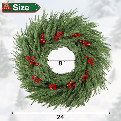 DR.DUDU Norfolk Pine Christmas Wreaths for Front Door, 24 Inch - Image 3