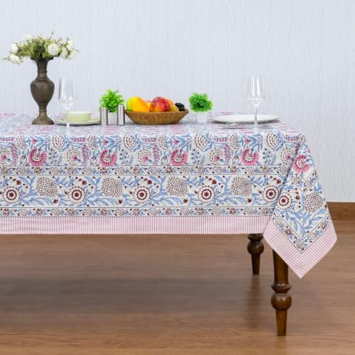 Home Spun & Crafts 110x110 Inches Square Hand Block Print Tablecloth, 100% Cotton, Pink Pearl Floral Table Cloths Washable, Traditional Indian for Dining Outdoor Thanksgiving Halloween Christmas - Image 2