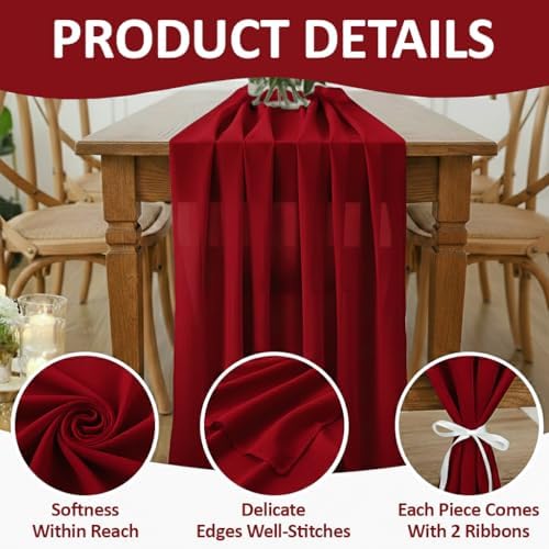 MDS Pack of 20 | Maroon | 14ft Chiffon Table Runner 29x170 Inches Long Romantic Rustic Sheer Gauze Runner for Wedding Bridal Shower Birthday Banquets Engagement Spring Easter Boho Decorations - Image 5