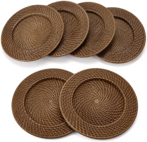 6 Pack 13" Rattan Charger Plate, Brick Brown, Classic by Gandeer