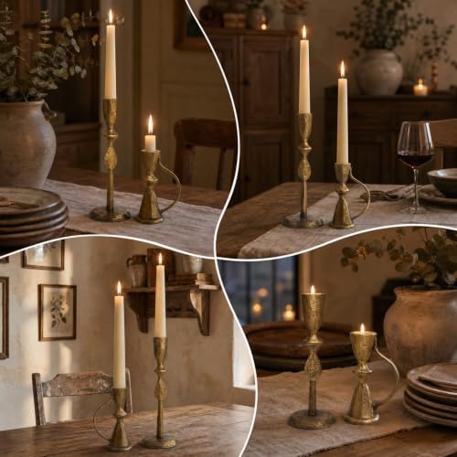 Brass Candle Holder, Candlestick Holders Vintage Hammered Metal Taper Candle Holders Set of 2 Decorative Table Centerpiece for Dining Fireplace Home Decor - Image 4