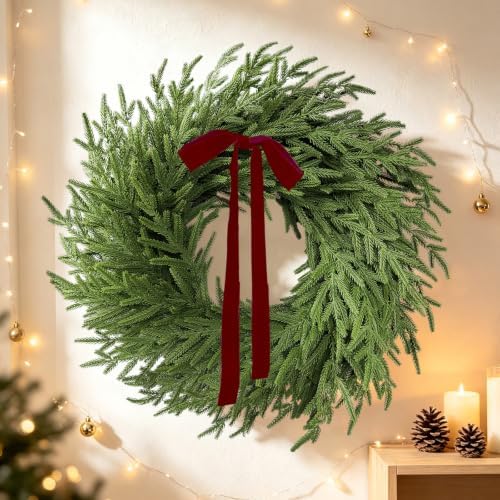 26 Inch Real Touch Norfolk Pine Wreath Christmas Decorations for Front Door, Fake Plants Green Christmas Wreath Home Decor, Xmas Decor Indoor Outdoor for Mantel Fireplace Wall Holiday Winter Decor - Image 6