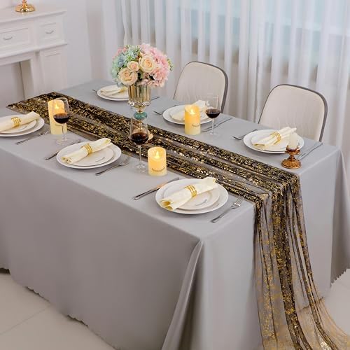 Snowkingdom 6 Pcs Black & Gold Cheesecloth Table Runner 10 FT, Sheer Chiffon Sparkle Gauze Mesh Runners 120 Inch, Glitter Table Centerpieces Decoration for Birthday Party Wedding Christmas Halloween - Image 2