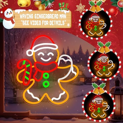 Christmas Neon Sign Waving Gingerbread Man Neon Sign for Wall Decor Led Gingerbread Christmas Decorations with Candy Cane Looks Like Waving Xmas Neon Light Up Signs for Window Bedroom Home Party - Image 3