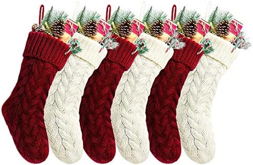 Christmas Stockings Bulk, 20 Inch Burgundy and Ivory Knit Stockings Christmas Holiday Decoration, 6 Pack by Kunyida
