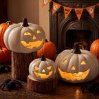 Set of 3 Halloween Decor Ceramic Pumpkins Lighted Jack O Lanterns by Unknown