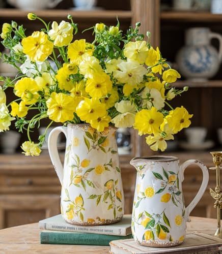Vintage Lemon Ceramic Vase with Handle, Retro Ice Glazed Crack Farmhouse Pitcher Vase for Home Decor, Living Room, Shelf, Office, Rustic Table Centerpiece 7 Inch - Image 2