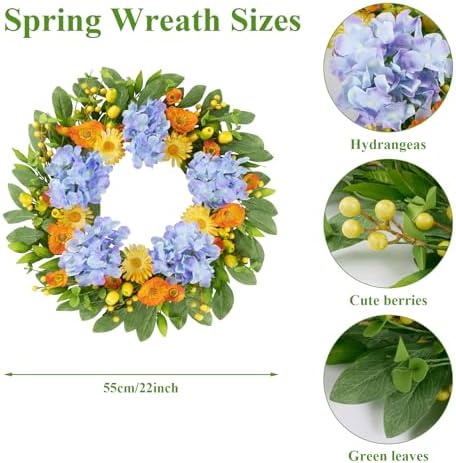 U'Artlines 22 Inch Spring Summer Wreaths for Front Door, Artificial Hydrangea Wreath with Green Leaves Berries, Large Silk Floral Wreath for All Seasons Window Wall Wedding Decor - Image 2