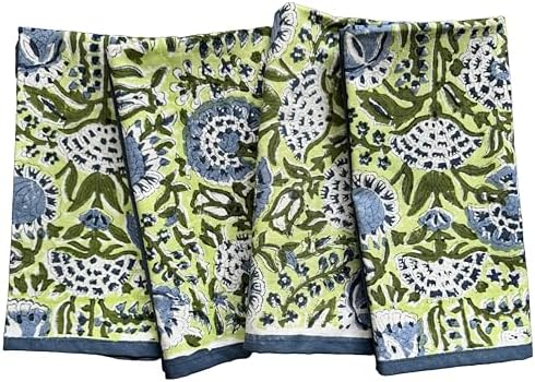 ATOSII Amara 100% Cotton Summer Dinner Napkins, Block Print, Durable Linen for Everyday Use, Weddings, Parties, Outdoors I 20 X 20 Inches, Set of 4 I Farmhouse Grandmillennial Coastal Table Decor by ATOSII