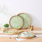 Round Rattan Tray with Mother of Pearl Inlay, Rattan Serving Tray with Wooden Base, Decorative Wicker Basket for Table Decor, Storage and Display of Coffee Bread Food Fruit (Leaf 13.5") - Image 5