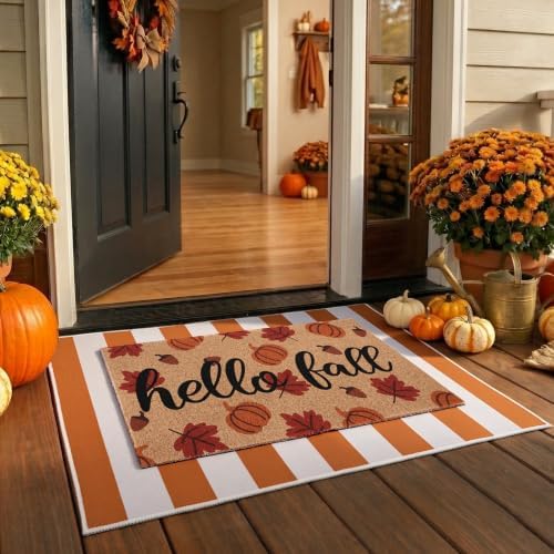 2pcs Hello Fall Doormats with Pumpkins Leaves Pattern Layered Autumn Front Porch Welcome Mat and Striped Crystal Velvet Layering Rug Non Slip Outdoor Entryway Flooring Decor for Thanksgiving - Image 3