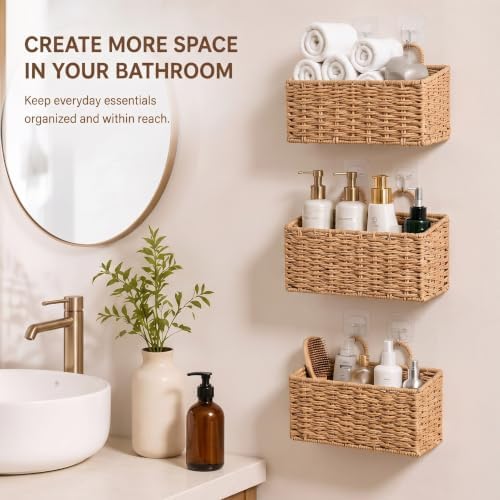 3 Pcs Wall Hanging Baskets,Rectangle,Natural Tan,Paper Cord - Image 6