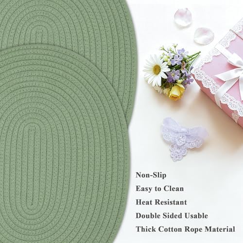 Oval Woven Placemats Set of 6, Boho Cotton Rope Braided Table Mats, 17x13 Inches Non Slip Heat Resistant Place Mats for Dining Room, Thick Hot Pads for Farmhouse Kitchen Table Decor. (Green) - Image 3