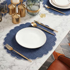 Set of 24 Navy Blue Cotton Placemats 15" Round Scalloped White - Image 5