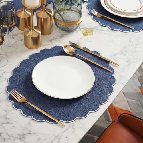 Set of 24 Navy Blue Cotton Placemats 15" Round Scalloped White - Image 5