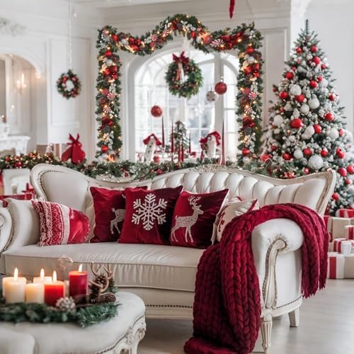 prelit 6ft Christmas Garland with 25 LED Lights with Timer, prelit red White Garland with Plenty Hand-Painted Ornaments,Festive Lighted Winter Decor for Front Door, Mantel, Stair & Fireplace - Image 4