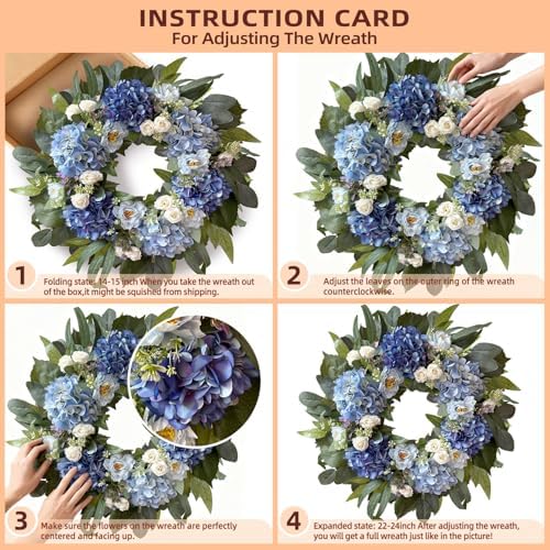 WANNA-CUL 24 Inch Spring Blue Hydrangea Wreath Front Door Wreath - Image 3