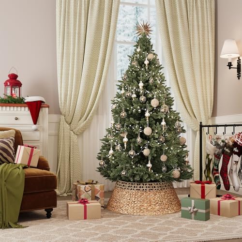 ELYKEN 28 Inch Wicker Christmas Tree Collar, Stylish Seagrass & Hyacinth Woven Rattan Xmas Tree Skirt, Rustic Farmhouse Basket for Tree Base Cover with Cord Cut-Out for Artificial Trees - Image 2