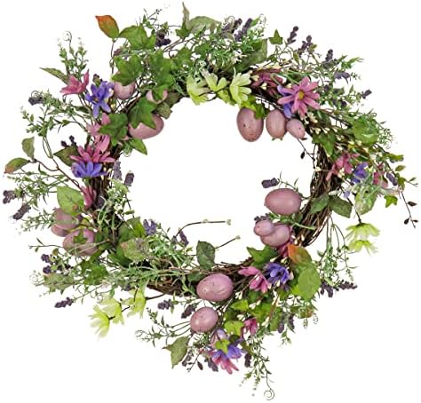 National Tree Company Artificial Spring Wreath, Woven Branch Base, Decorated with Purple Pastel Eggs, Pink Flowers, Leafy Greens, Easter Collection, 22 Inches by Unknown