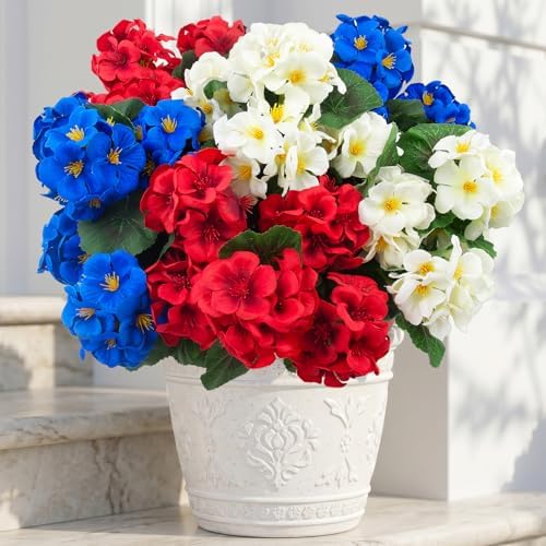 Hananona 12 Pcs Artificial Geranium Flowers for Outdoors Geranium Silk Red White Blue Flowers Outdoor UV Resistant Plants Faux Patriotic Flowers for 4th of July Home Decor (12, RedWhiteBlue) - Image 6