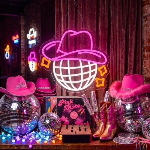 Zhengmy Cowgirl Neon Sign, USB Powered Cowboy Hat Disco Ball Wall Decor by Zhengmy