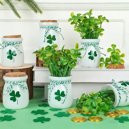 St Patricks Day Decoration - 6PCS St.Patrick's Day Mini Mason Jars with Artificial Shamrock White Green Decorative Jars Saint Patricks Tiered Tray Spring Decor for Home Kitchen Farmhouse Table by ENJOYLIFEWITHUS