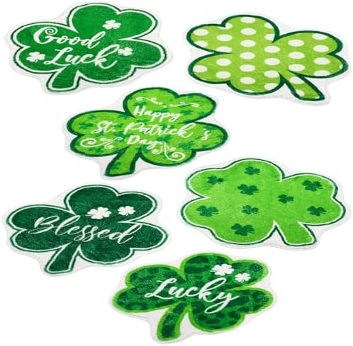Haull 6 Pcs St. Patrick's Day Bathroom Rug Shamrock Bath Rug Lucky Green Clover Saint Patty's Day Bathroom Mat Shamrocks Doormat Irish Washable Nonslip Absorbent Shower Mat for Bedroom 15.8" x 15.8" by Kedauud
