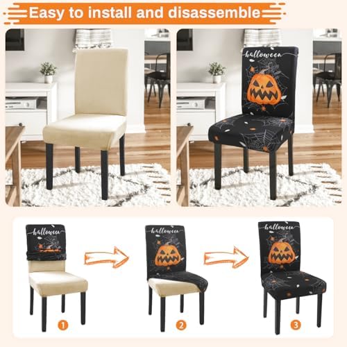 Halloween Chair Covers Set of 6 Pumpkin Ghost Spider Parsons Slipcovers - Image 4
