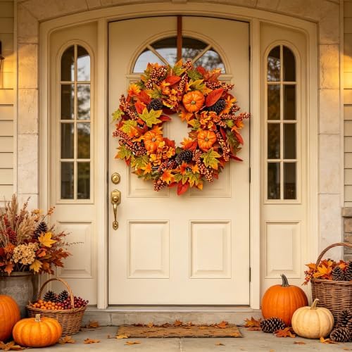 24 Inch Harvest Wreath for Front Porch, Pumpkin and Pinecone Farmhouse Decor with Maple Leaves and Hydrangeas, Rustic Artificial Autumn Wreath for Wall Window Home, Thanksgiving Fall Display - Image 2