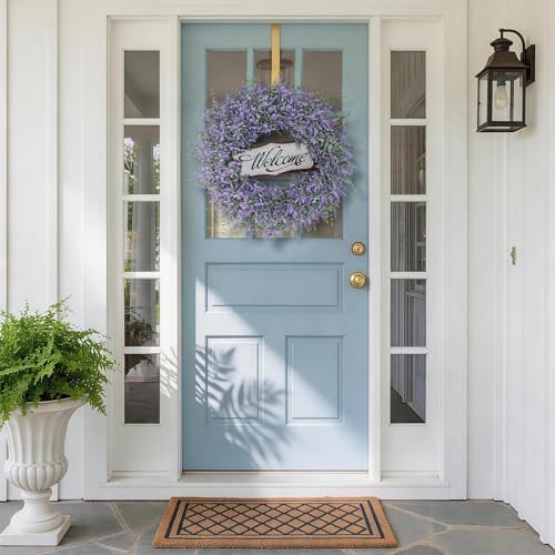 26"Fake Lavender Eucalyptus Wreath with Welcome Sign for Front Door(Purple) - Image 3