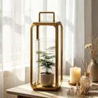 15" High Minimalist Metal Glass Lantern with Handle in Antique Brass for Pillars, Hurricane Candle Holder for Mantels, Tabletop, Centerpieces, Shelves, Entryways, Patio, Deck, Contemporary, Farmhouse - Image 5
