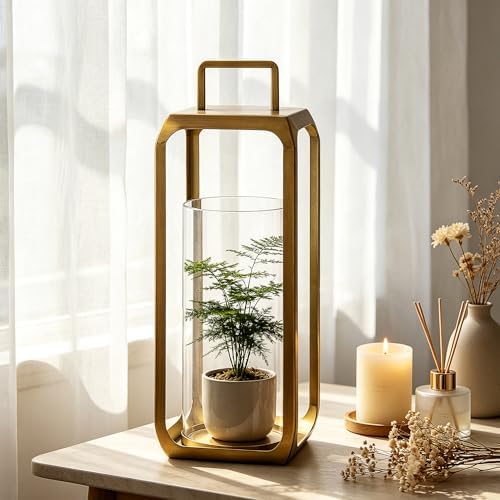 15" High Minimalist Metal Glass Lantern with Handle in Antique Brass for Pillars, Hurricane Candle Holder for Mantels, Tabletop, Centerpieces, Shelves, Entryways, Patio, Deck, Contemporary, Farmhouse - Image 5