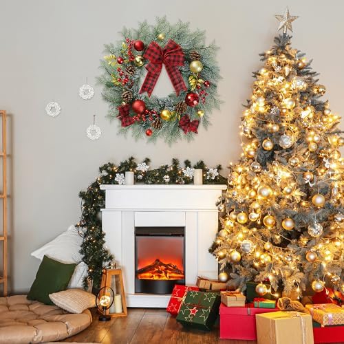 Sggvecsy 20 Inch Artificial Christmas Wreath for Front Door with Pine Needles Red Berries Pine Cones Buffalo Plaid Bow Christmas Ball Decorations for Winter Wall Outdoor Home Holiday Xmas Decor - Image 4