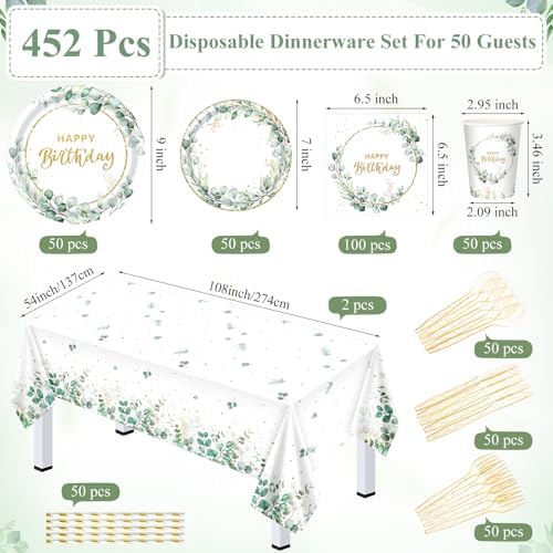 Potchen 452 Pcs Themes Party Supplies Decorations for 50 Guests, Paper Plates Napkins Cups Tablecloth Cutlery Straws for Birthday Baby Shower Party Decorations(Sage Green Gold,Birthday) - Image 3