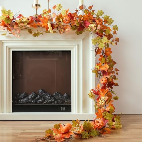 MIZII Fall Decor Artificial Maples Leaf Pumpkin Garland 10FT Autumn Maple Vines Garland Thanksgiving Halloween Harvest Decorations for Home Porch Mantle Fireplace Farmhouse Outdoor Indoor (10FT,Maple) by Mizii
