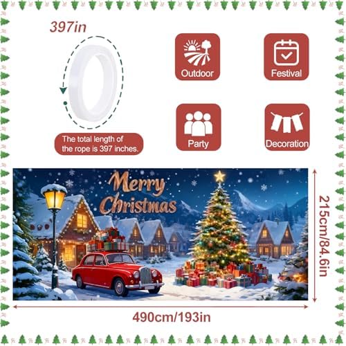 Merry Christmas Garage Door Banner 7x16FT Snowy Village Scene with Car & Tree, Holiday Garage Door Cover for Outdoor Xmas Decorations - Image 4