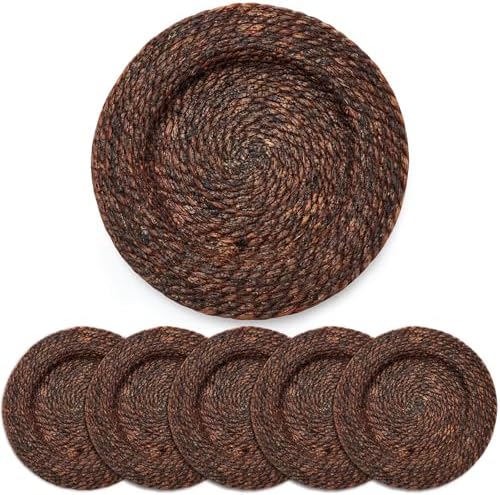 LemonRoad 13 Inch Boho Placemats Set of 6 Large Round Farmhouse Chargers Plate Mats Cattail Weave Woven Table Mats for Dining Plates Rustic Home Kitchen Wedding Party Table Decor, Dark Brown by Unknown