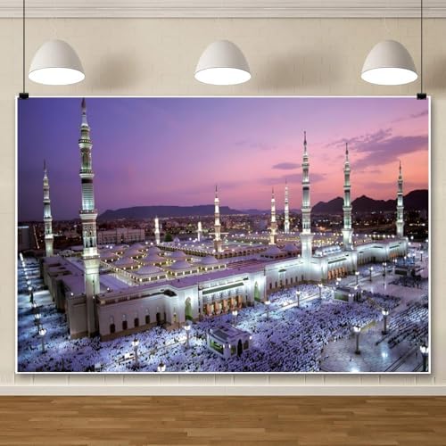 Leowefowa Mecca Mosque Backdrop 10x5ft Eid Mubarak Mosque Night View Photography Background Muslims Travel Historical Building Decorations Portraits Banner Photo Booth Props Vinyl - Image 2
