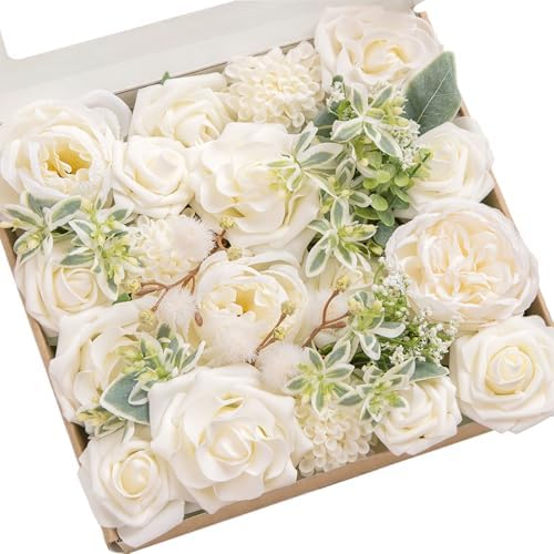 Ling's moment White Artificial Wedding Flowers Combo, Ivory & Sage, Grand by LingsMoment