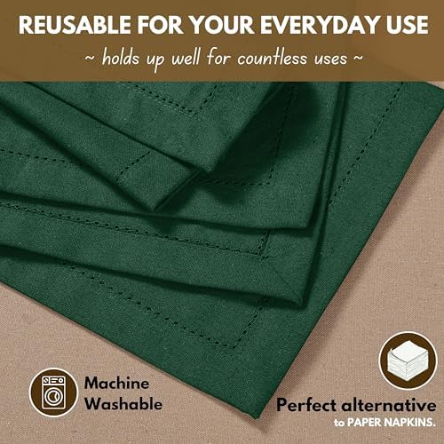 Native Fab 100% Cotton Cloth Napkins, Set of 12, Hemstitched Corners, 18x18 inch, Soft, Durable, Absorbent, Reusable, Premium Hotel Quality - Events, Lunch, Table, Dinner Napkins - Forest Green - Image 6