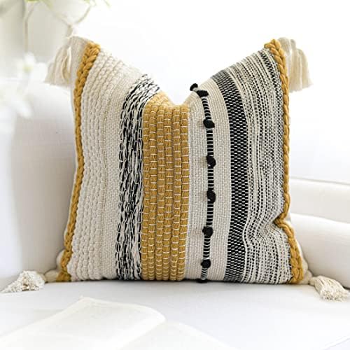 BlissBlush Yellow Mustard Decorative Throw Pillow Cover 20x20 Square Boho Accent Pillowcase Tassels Farmhouse Cushion for Couch Sofa Bedroom Living Room Home Décor Cover ONLY - Image 6