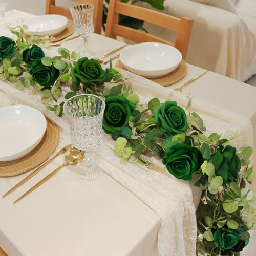 1 Pack Artificial Garland Eucalyptus Vine with 12 Roses for Home Decor Wedding Table Runner Centerpiece DIY Wreath Decor (Green) by Unknown