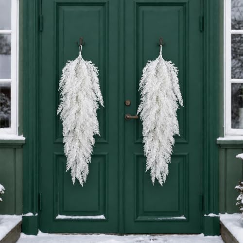 2 Pcs White Christmas Pine Door Swag, 28'' Artificial Cedar Teardrop Swag - Image 4