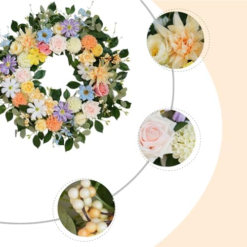 Spring Wreaths for Front Door,Summer Wreath with Rose and Dahlia Flowers,24 Inch Floral Door Wreath for All Seasons Outside Outdoor Indoor Wall Wedding Holiday Home Farmhouse Decor - Image 2