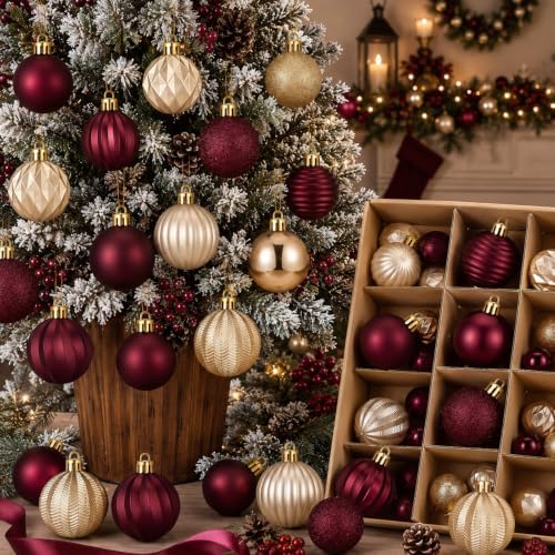 Lunmon 64 Pcs Burgundy and Gold Christmas Ball Ornament 1.57/1.97/2.36 Inch by Lunmon