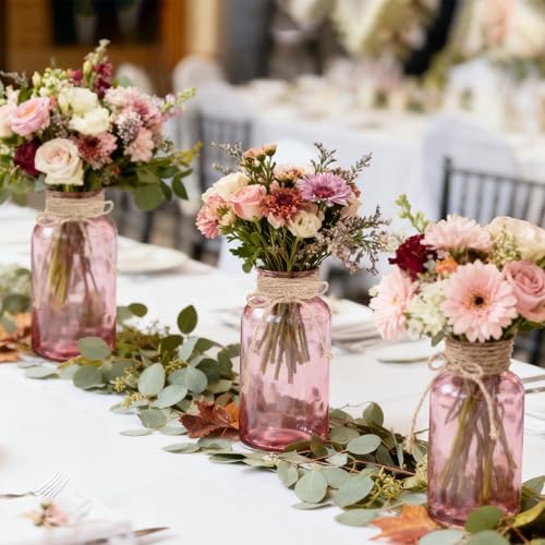 6 Pack Mason Jar Vases for Centerpieces, Pink Glass Flower Vase - Image 6