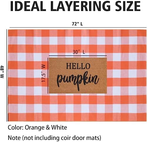 Orange and White Plaid Rug, 4' x 6' Fall Outdoor Front Door Decor Mat, Cotton Washable Hand-Woven Rug for Layered Doormat, Autumn Halloween Thanksgiving Carpet for Porch, Entryway - Image 2