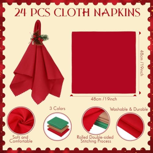 LemonRoad 36 Pcs Christmas Cloth Napkins and Napkin Ring Holders, Reusable Fabric with Pine Needle Red Fruit Napkin Rings for Xmas Table Decor, Banquet, Holiday Dinner Party, Wedding Party Supplies - Image 3